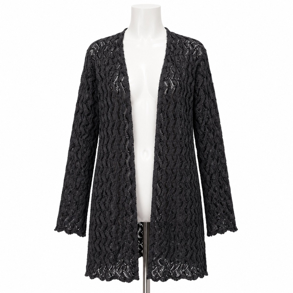 Cut Loose Cardigan Large Charcoal Grey Open Knit Chevron Longline Duster Sweater